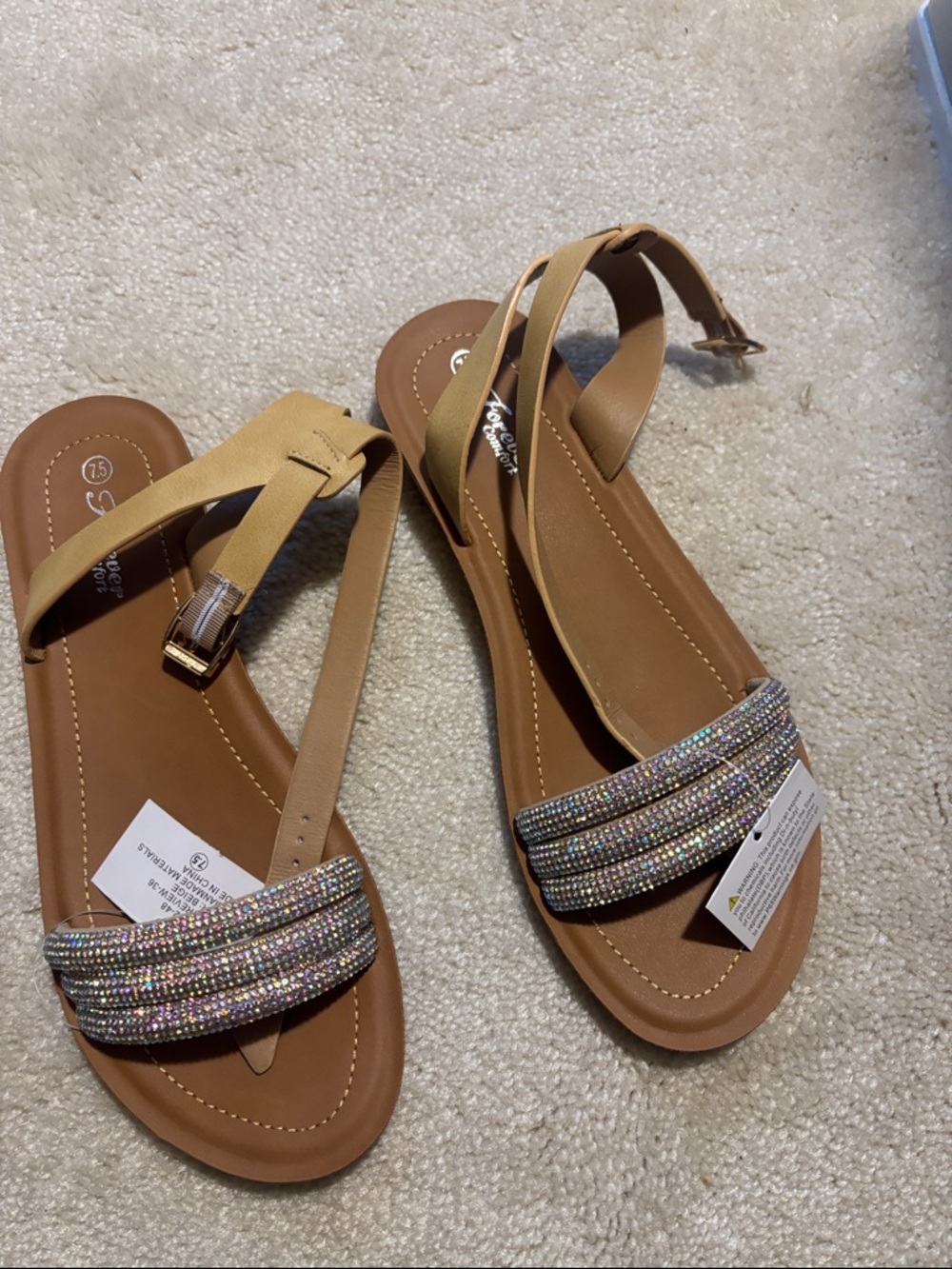 Rhinestone-Embellished Tan Slingback Sandals
